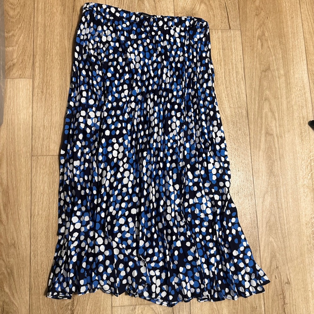 Halogen Pleated Midi Skirt Blue White Polka Dot Elastic Waist Size Medium